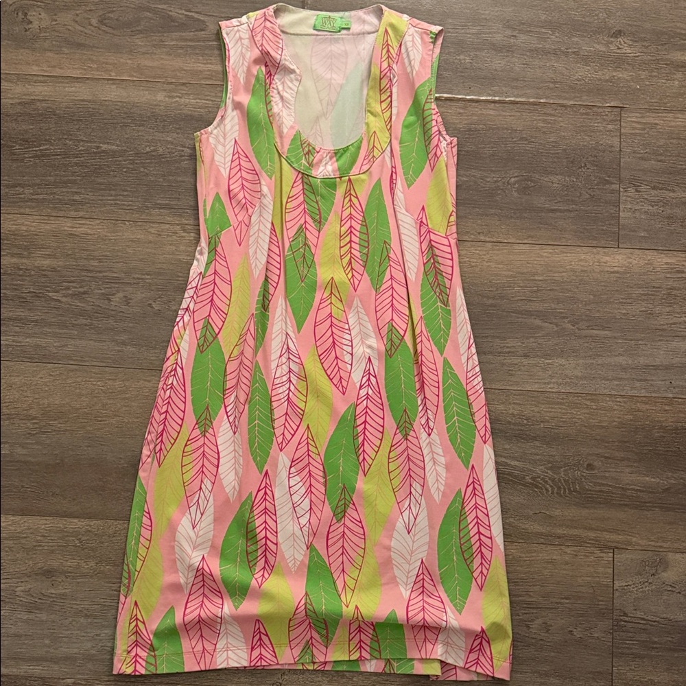 Katherine Way Pink and Green Leaf Print Midi Dress